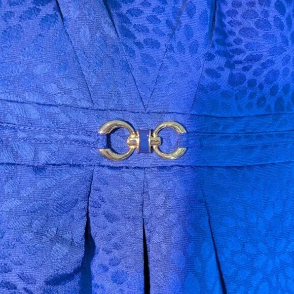 Tahari Arthur S. Levine Sleeveless, Blue Sheath Dress, Gold Buckle Pockets - Picture 3 of 12